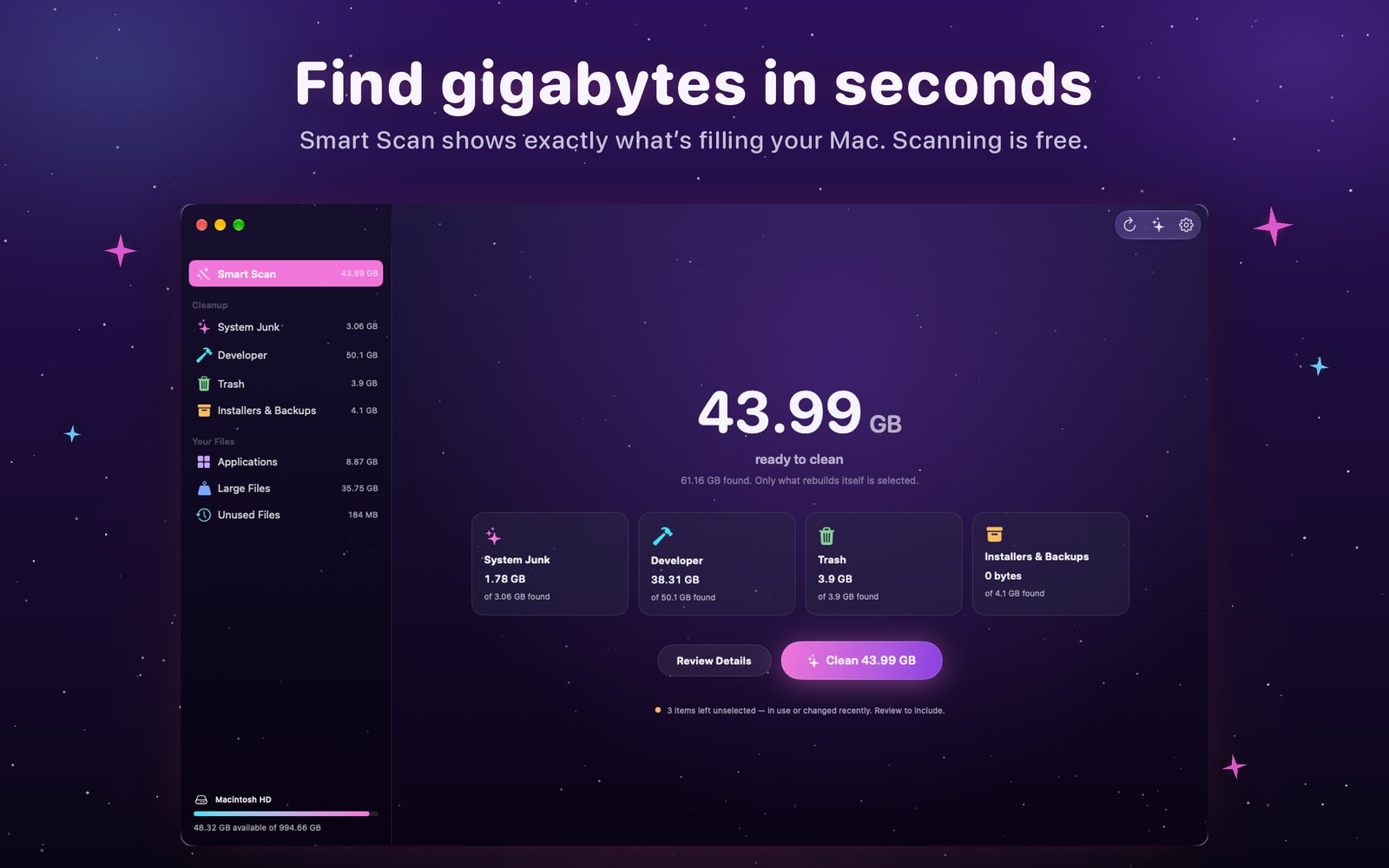 Poof’s Smart Scan showing 43.99 GB ready to clean, sorted into System Junk, Developer, Trash, and Installers & Backups.