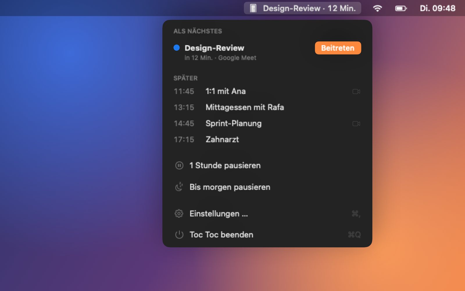 Toc Toc in der Menüleiste des Mac: das nächste Meeting mit Countdown und der Rest des Tages.