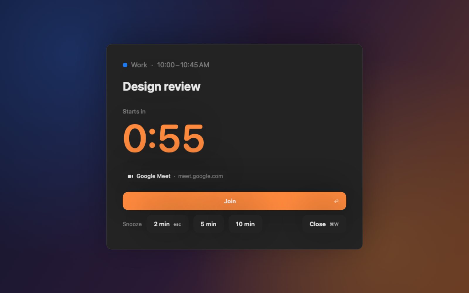 Toc Toc's knock on a Mac: the meeting Design review, starting in 0:55, with Join and snooze buttons.