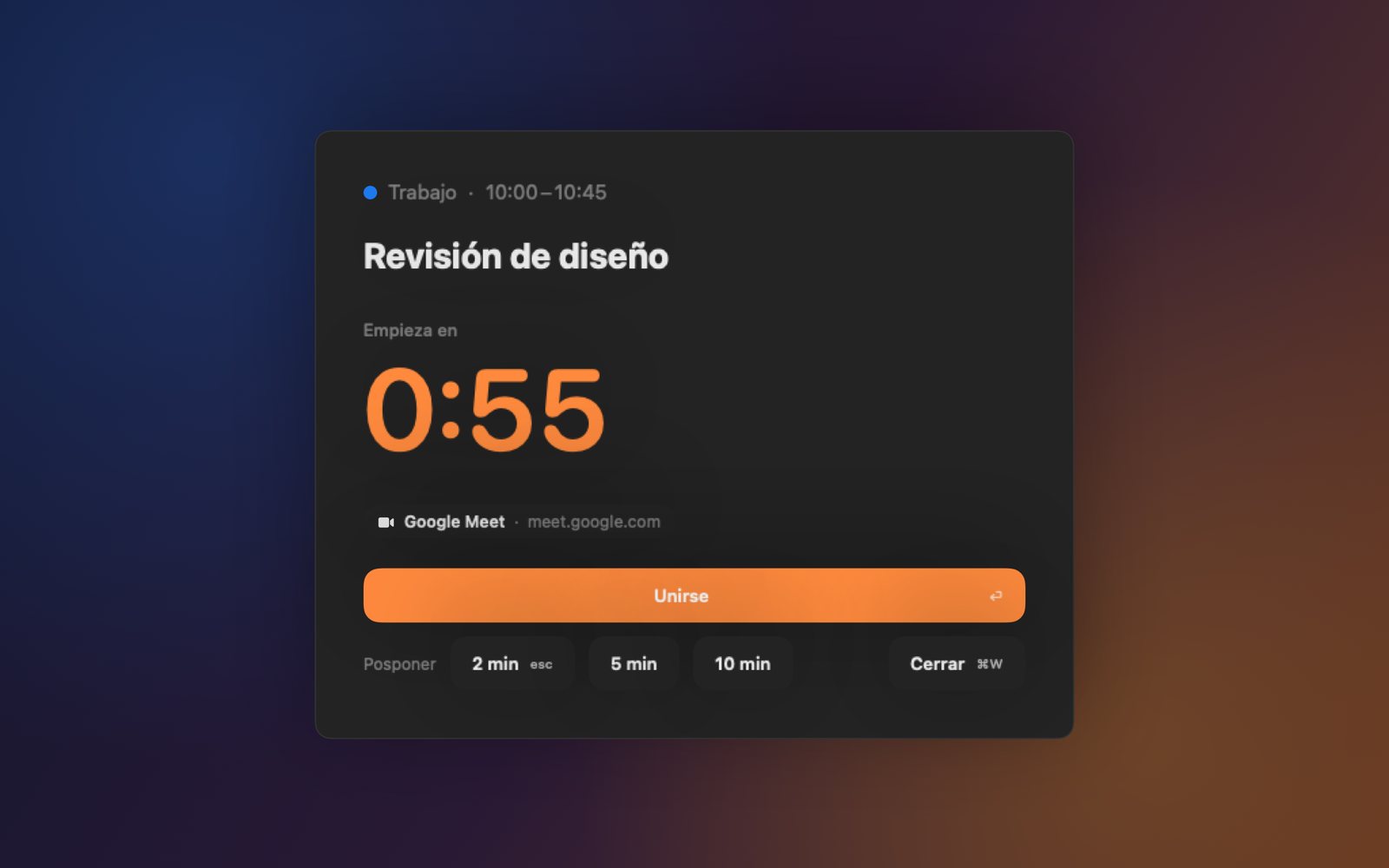 El toque de Toc Toc en un Mac: la reunión Revisión de diseño, que empieza en 0:55, con los botones Unirse y posponer.